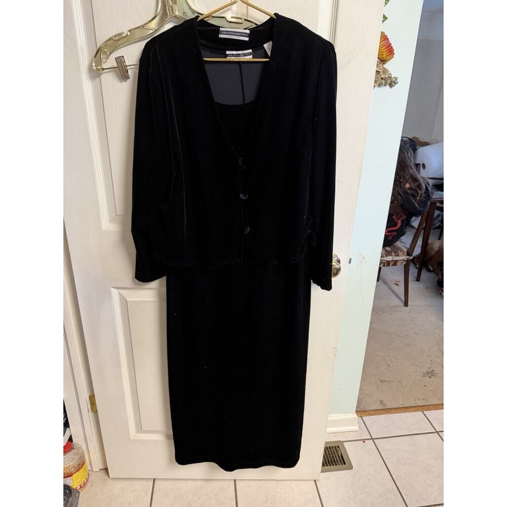 Black Faux Velvet 2pc Set Dress Jacket Long Sz 14 XL Amanda Smith 90s Y2k 42x52